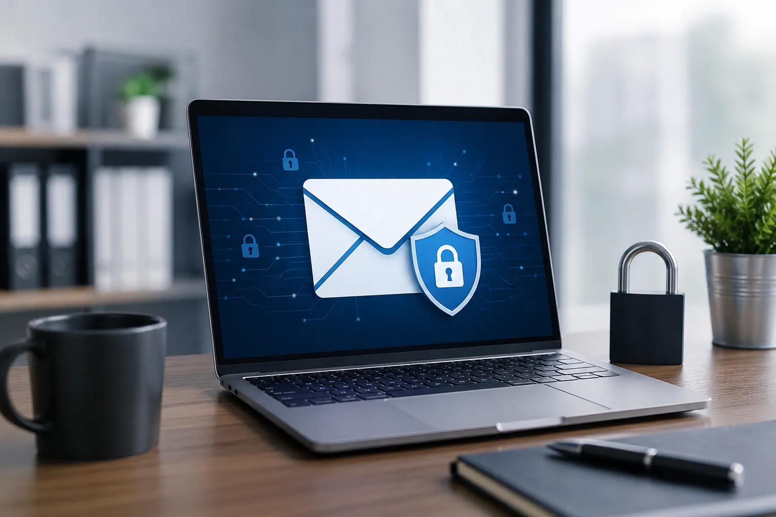 Moderne cybersecurity-oplossing voor veilige zakelijke e-mailcommunicatie in een professionele kantooromgeving.