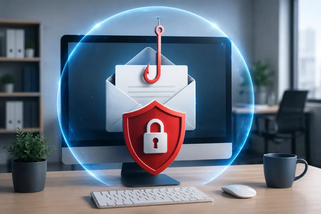 Digitale beveiligingsillustratie van een zakelijke e-mailomgeving met bescherming tegen phishing en spoofingaanvallen.