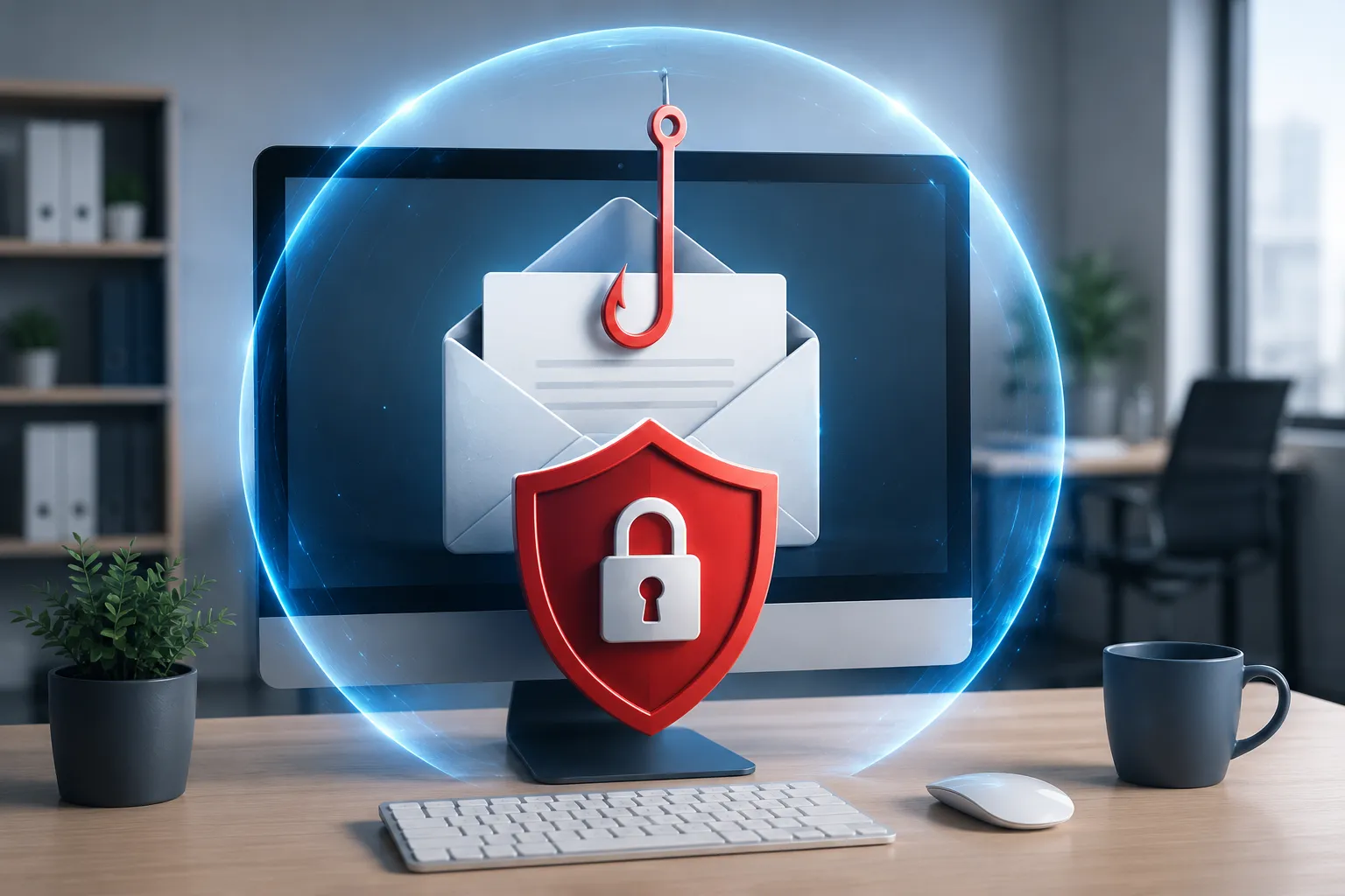 Digitale beveiligingsillustratie van een zakelijke e-mailomgeving met bescherming tegen phishing en spoofingaanvallen.