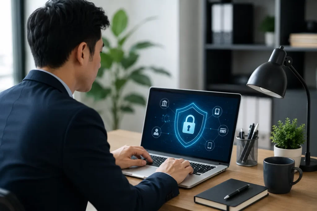 Ondernemer die veilig digitaal bankiert met focus op cyberbeveiliging en moderne online betalingen.