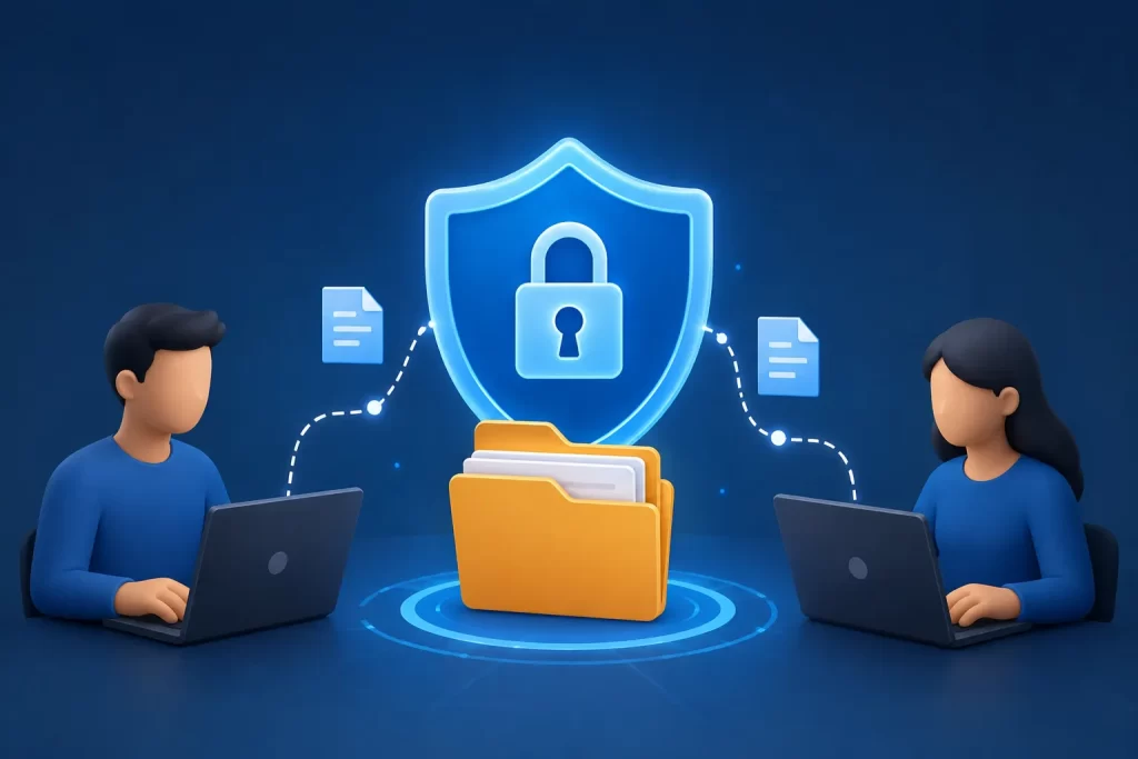 Moderne en veilige digitale bestandsdeling tussen bedrijf en klant, met focus op privacy en eenvoud.