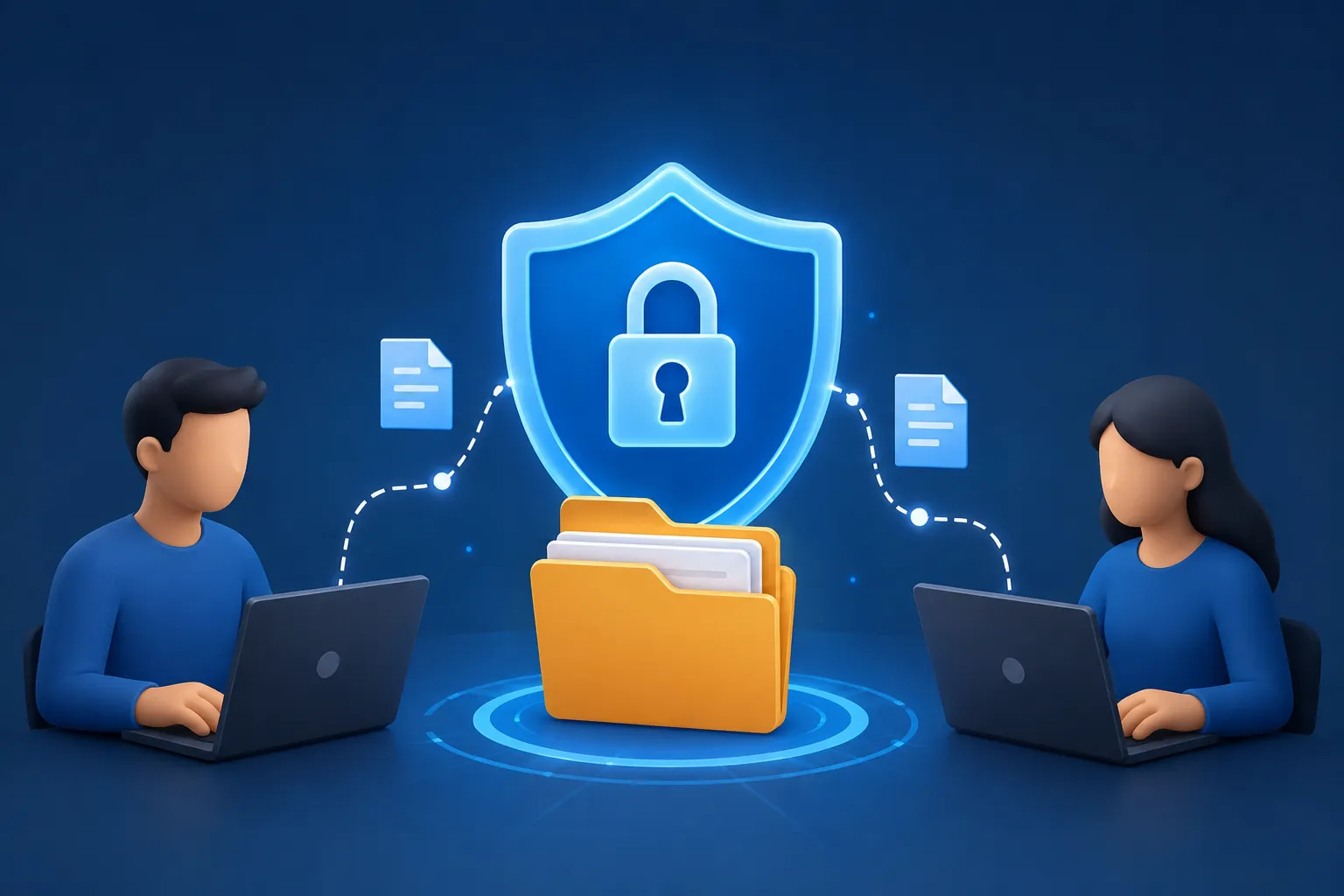 Moderne en veilige digitale bestandsdeling tussen bedrijf en klant, met focus op privacy en eenvoud.