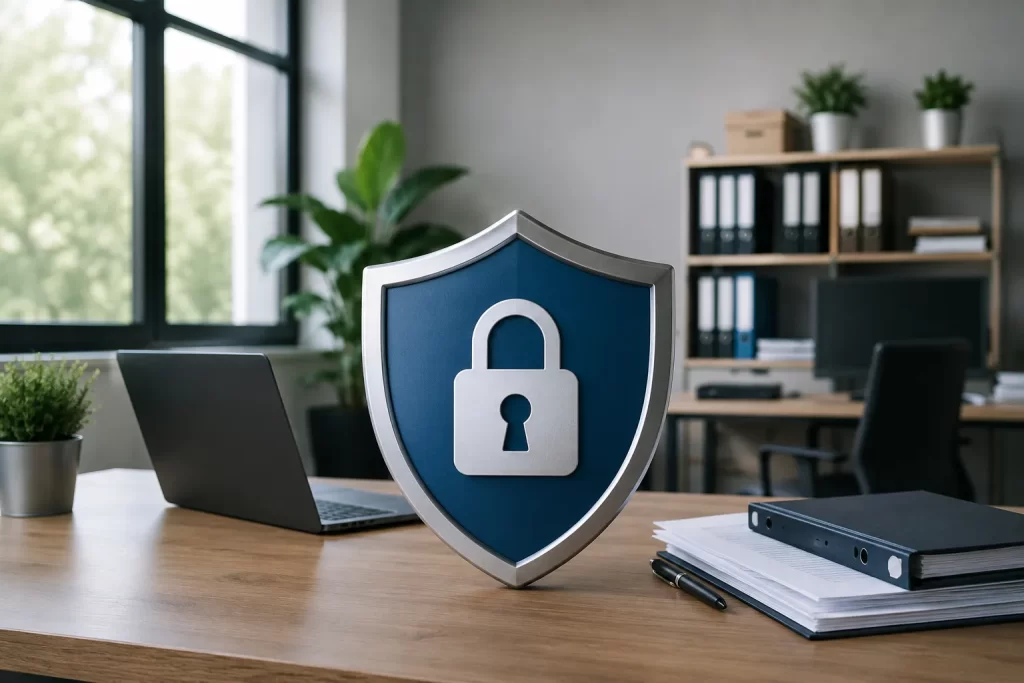 Een moderne kantooromgeving waarin cybersecurity en bescherming van bedrijfsgegevens centraal staan.