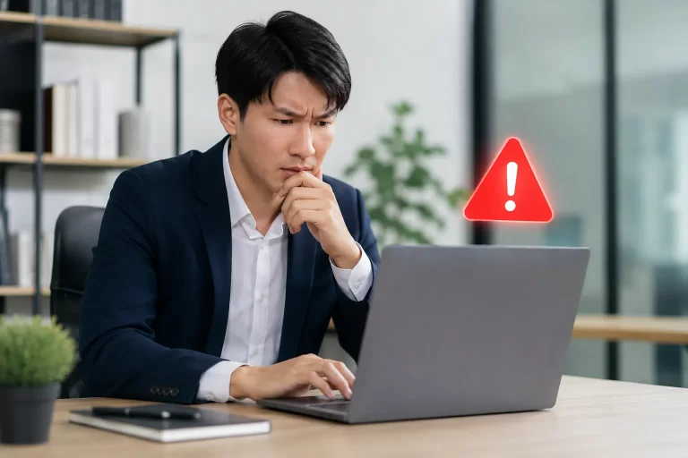 Ondernemer ontdekt een mogelijk datalek op kantoor tijdens het werken op een laptop.