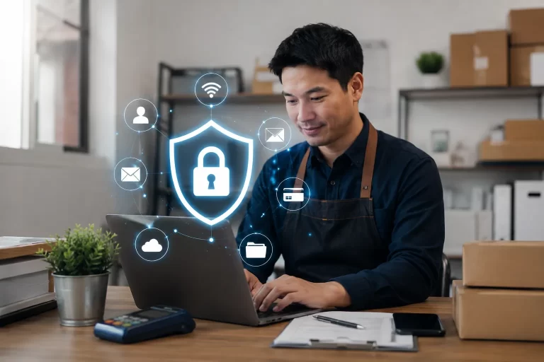 Een moderne werkplek met laptops en digitale beveiligingselementen die de kosten en bescherming van cyberbeveiliging voor kleine bedrijven symboliseren.