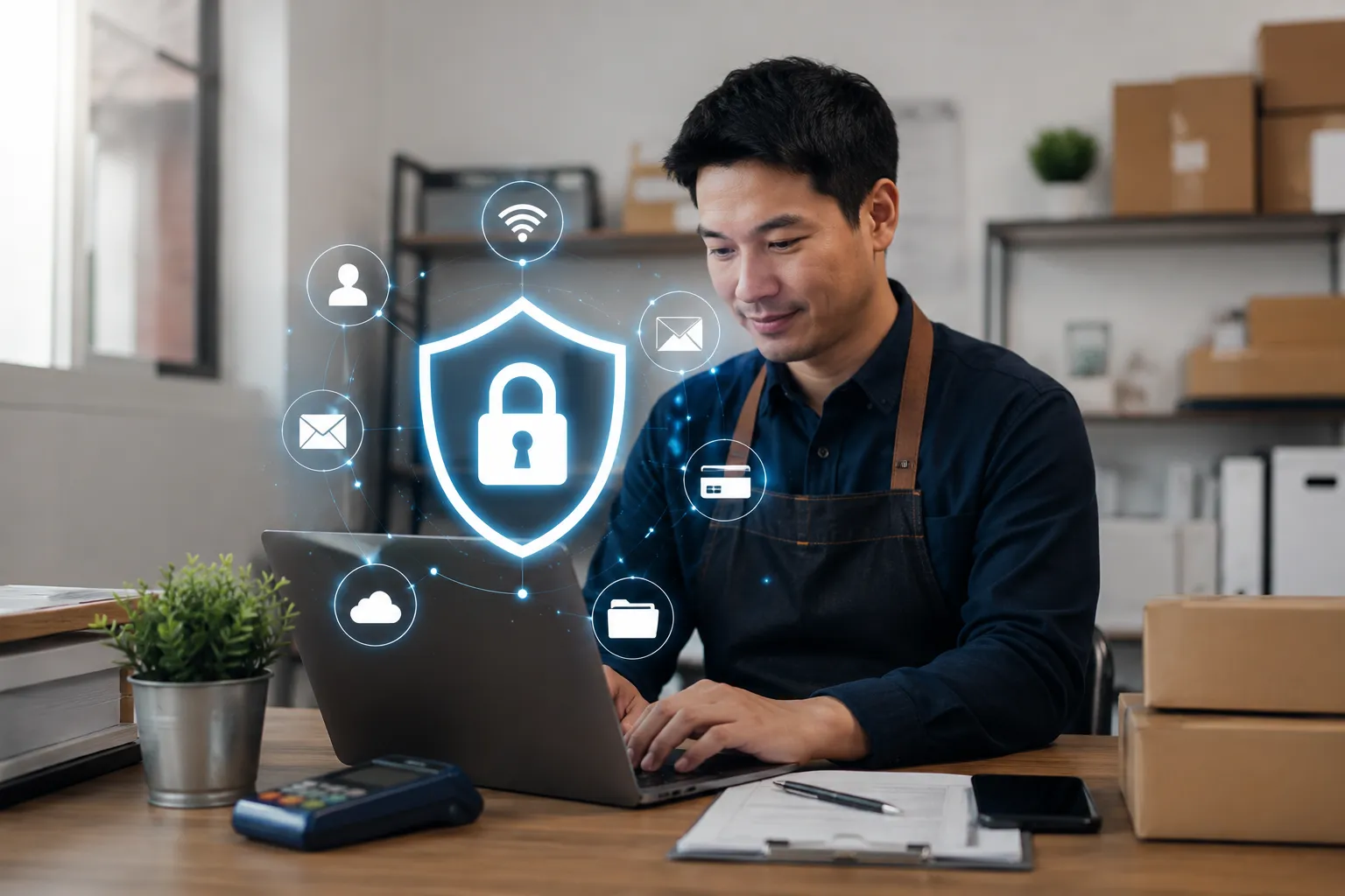 Een moderne werkplek met laptops en digitale beveiligingselementen die de kosten en bescherming van cyberbeveiliging voor kleine bedrijven symboliseren.