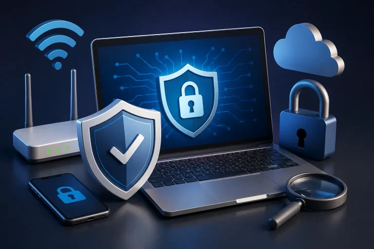 Een moderne ondernemer werkt veilig digitaal met gratis cybersecuritytools in een strakke en professionele werkomgeving.