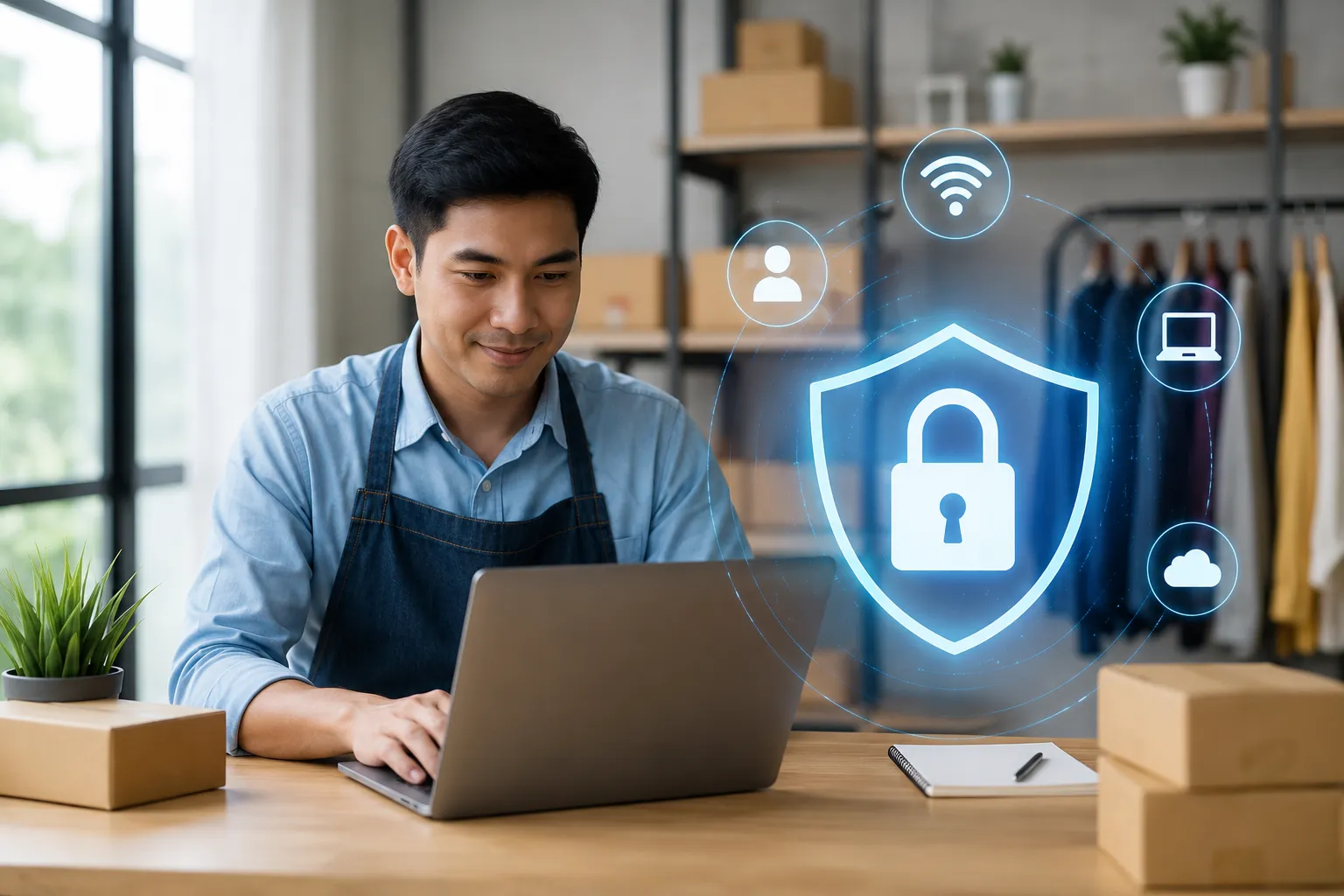 Een moderne en veilige digitale werkomgeving voor kleine bedrijven, met focus op cyberbeveiliging en gegevensbescherming.