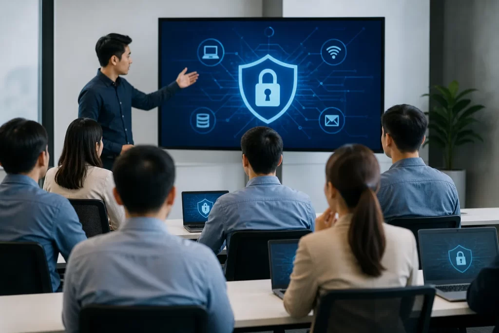 Medewerkers volgen een moderne training over cyberveiligheid en digitale bewustwording in een professionele werkomgeving.
