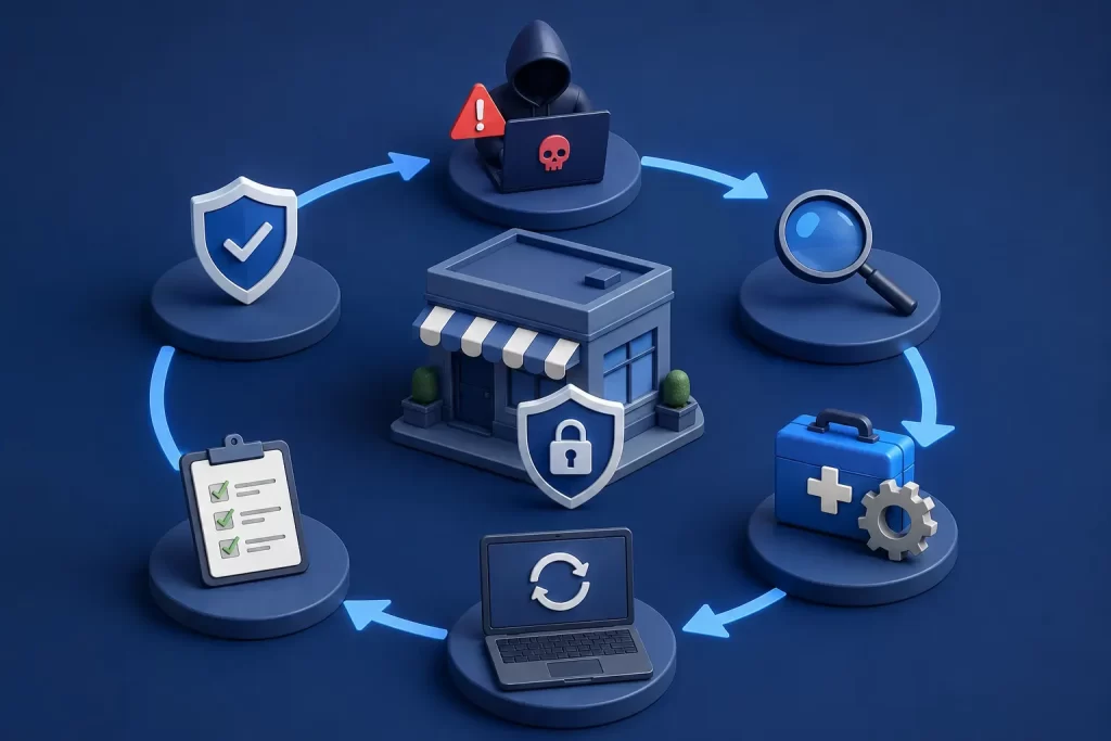 Minimalistische illustratie van een klein bedrijf dat snel reageert op een cyberaanval, met laptops, beveiligingssymbolen en een professioneel crisisteam in een moderne stijl.