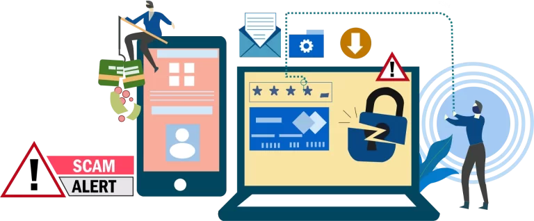 Een moderne kleine onderneming beschermd tegen cyberdreigingen, met focus op digitale veiligheid en vertrouwen.