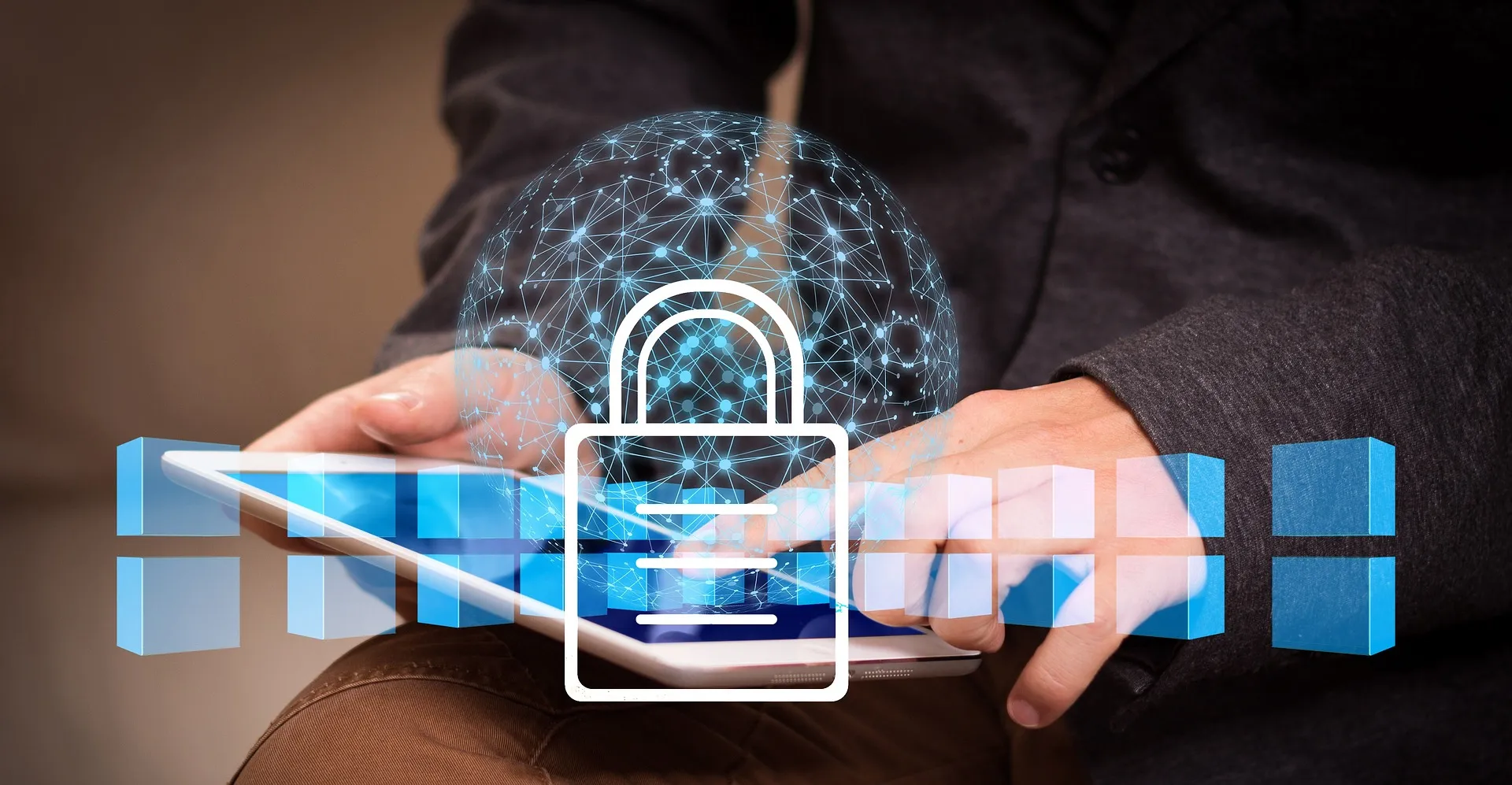 Digitale beveiliging met slot en netwerk als symbool voor veilig ondernemen online.