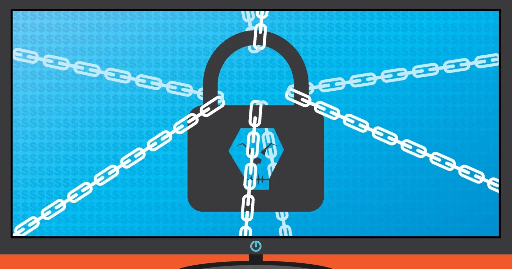 Illustratie van cyberbeveiliging en bescherming tegen ransomware-aanvallen voor kleine en middelgrote bedrijven.